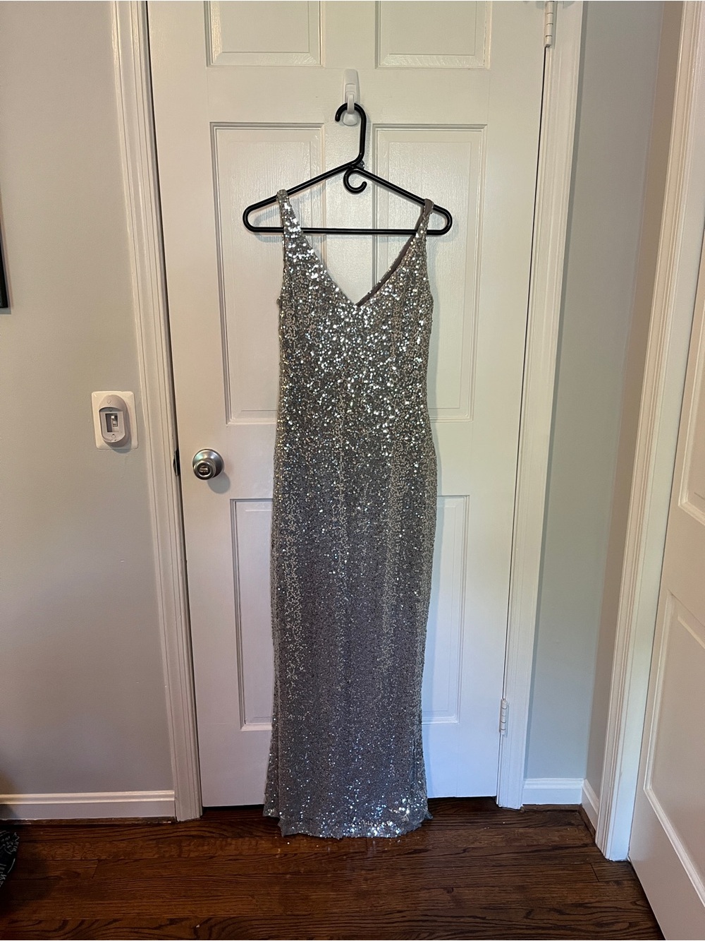 Ralph Lauren Silver Sequin V-Neck Evening Gown